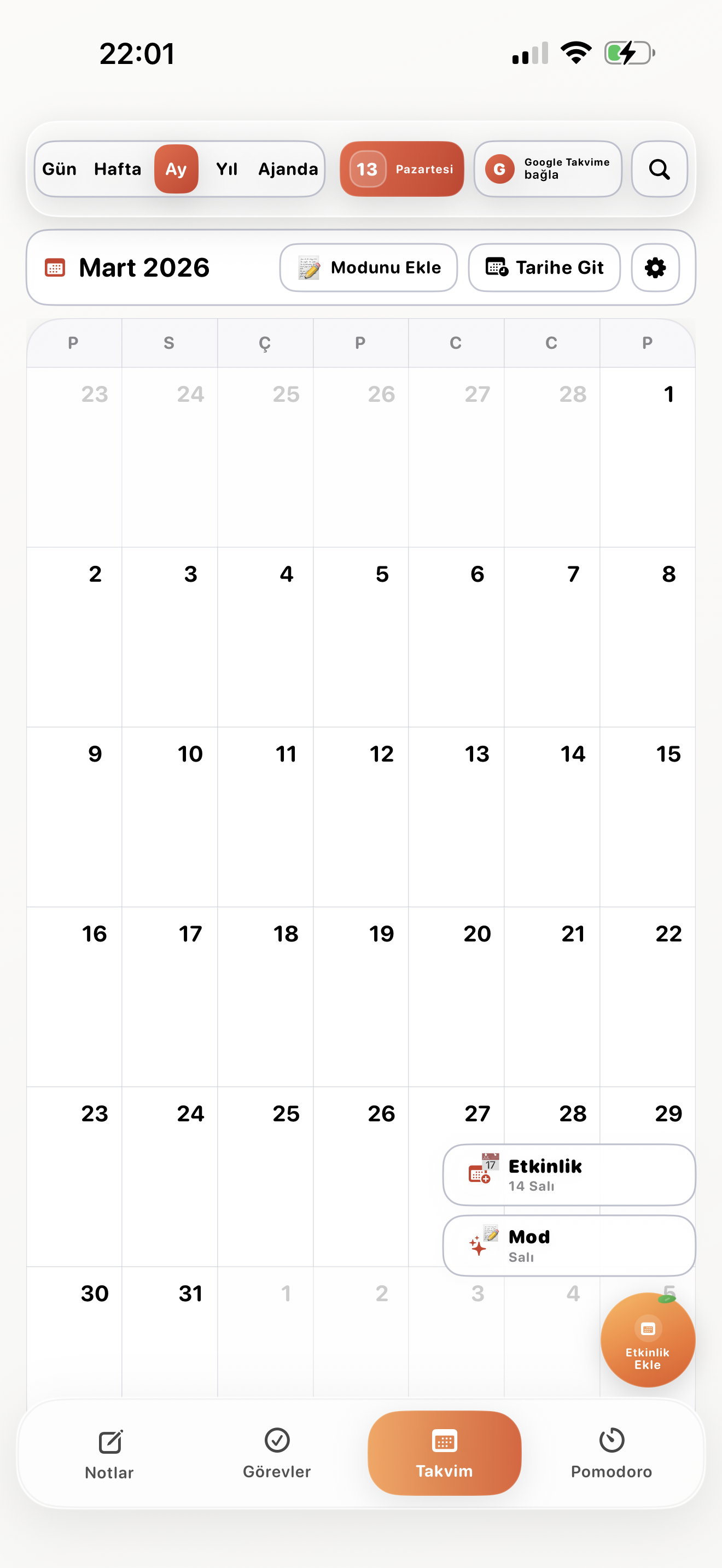 Orange Work monthly calendar with cards