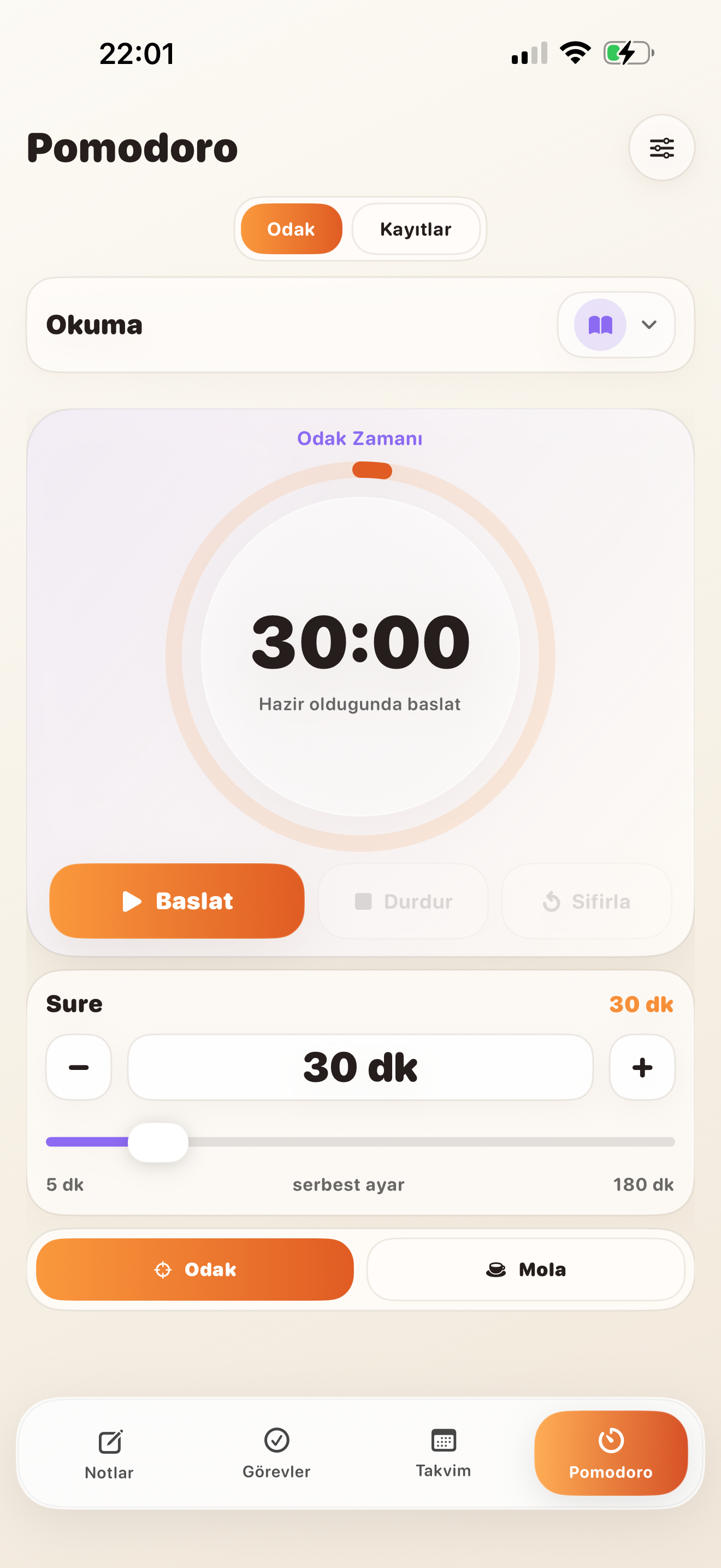 Orange Work pomodoro screen